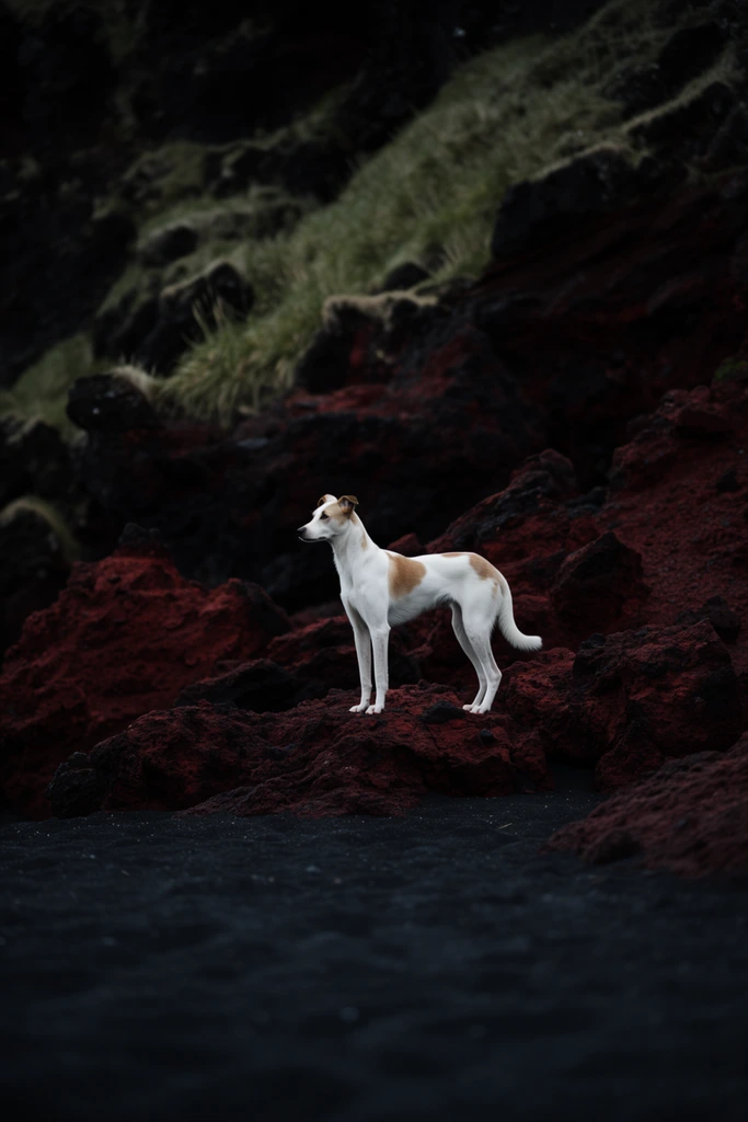 A slender white dog with tan markings stands alert on jagged crimson and black volcanic rocks, gazing left. Its bright coat contrasts sharply against the moody, low-key environment. Muted green grass clings to the dark, craggy slopes behind it, while smooth black sand fills the blurred foreground. Shot with cinematic lighting and a shallow depth of field, emphasizing the stark isolation and rich earthy tones of the dramatic landscape.