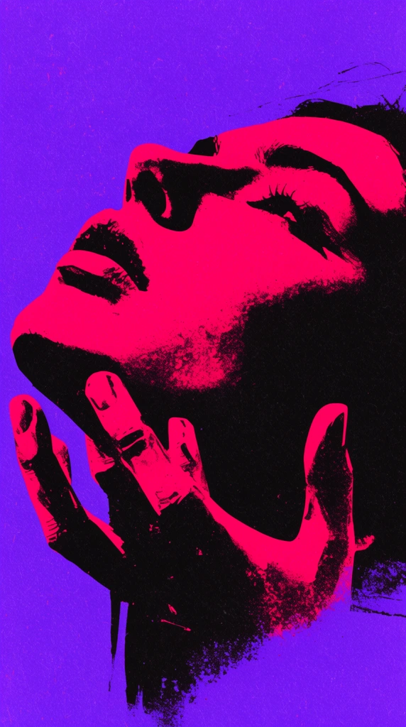 high-contrast graphic of a face tilted backward, reaching disembodied hands, neon hot pink and deep black shadows, vibrant violet background, grainy risograph print texture, distressed punk aesthetic