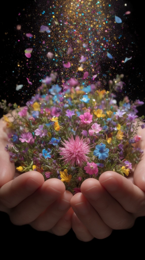 Two gently cupped human hands cradle a dense, vibrant cluster of tiny wildflowers against a stark black background. The upward-facing palms support miniature blooms in bright pink, soft purple, cerulean, and golden yellow, intertwined with delicate green foliage. Above the floral mound, a luminous dispersion of multicolored glitter particles and loose petals floats upward into the dark void, shimmering with golden, cyan, and magenta light. The macro composition features a shallow depth of field, keeping the central spiky pink blossom and the smooth fingertips in sharp focus. Soft overhead lighting highlights the intricate textures of the skin and petals, creating a dramatic, ethereal contrast between the highly detailed flora and the deep surrounding darkness.