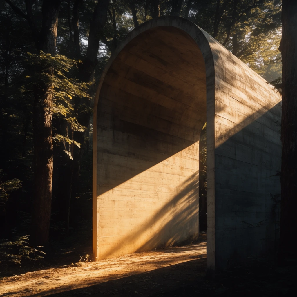 A towering, monumental arched structure constructed of raw, board-formed concrete with prominent horizontal striations stands integrated deeply into a dense forest. A dramatic, sharp diagonal shaft of warm golden sunlight slices through the scene, brightly illuminating one face of the massive concrete arch and the textured forest floor below. The intense, highly directional lighting creates stark, geometric lines of high contrast, casting the interior curve of the arch and the surrounding deep woods into heavy, charcoal-black shadows. Towering tree trunks flank the brutalist architectural form, their textured bark and layered foliage partially caught in the radiant sunbeams. The composition utilizes a wide-angle architectural perspective to emphasize the colossal scale and soaring verticality of the archway, featuring sharp focus, deep depth of field, and a stark chiaroscuro balance between the glowing, sun-drenched concrete surfaces and the deep, shaded recesses of the forest environment.