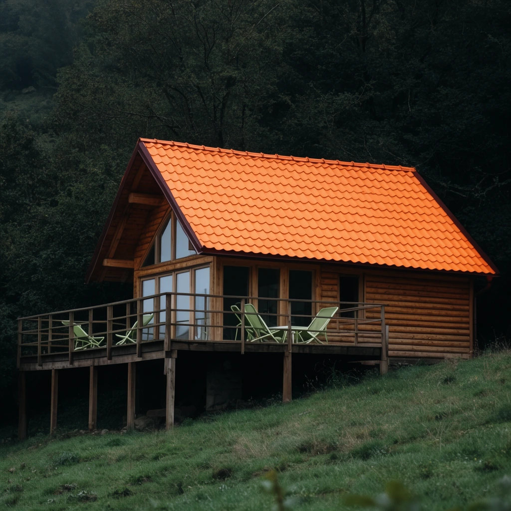 A wooden cabin with a bright orange scalloped tile roof sits on a grassy hillside against a dense, dark green forest. The structure features horizontal log siding, large glass windows, and a raised wooden balcony holding several light green chairs. Captured from a slightly low angle under moody, overcast natural lighting.