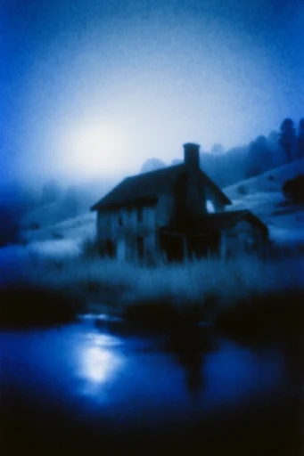 Ethereal Nocturnal Cyanotype style reference image — heavy film grain