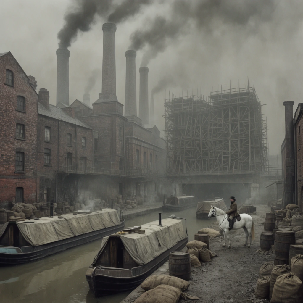 smog-choked industrial canal, narrowboats with canvas tarps in murky water, docks cluttered with burlap sacks and barrels, lone rider on a white horse, massive brick factories, towering smokestacks billowing dark smoke, large structure in dense wooden scaffolding, gritty historical realism, desaturated ash grays and faded brick reds, cinematic wide shot, bleak atmosphere