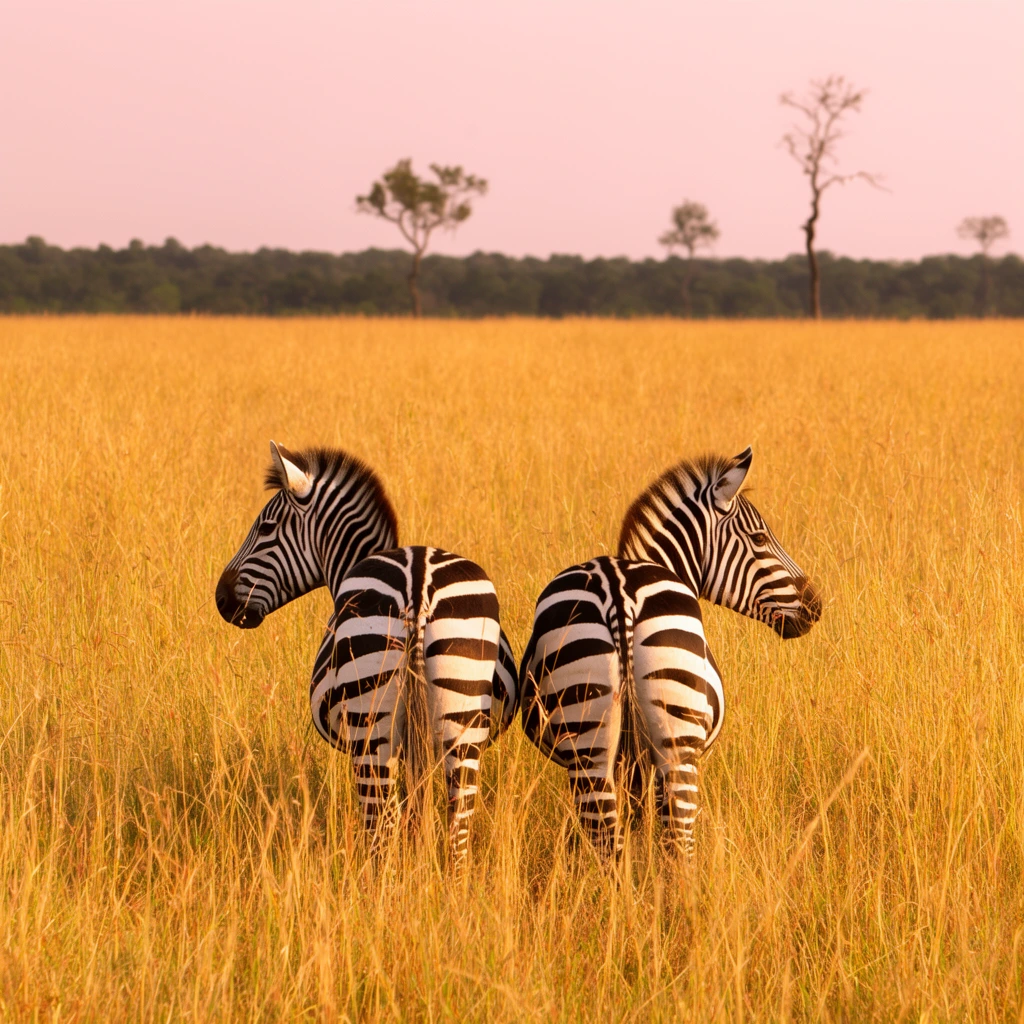 Two zebras stand amidst a vast field of tall, golden savanna grass beneath a hazy pale pink sky. Positioned with their hindquarters toward the viewer, the left zebra turns its head leftward while the right zebra looks back over its right shoulder. Their bold black and white stripes contrast sharply with the sunlit, dry yellow stalks. A distant dark green tree line spans the horizon, punctuated by a few tall, spindly solitary trees. Warm golden hour lighting bathes the tranquil natural landscape.