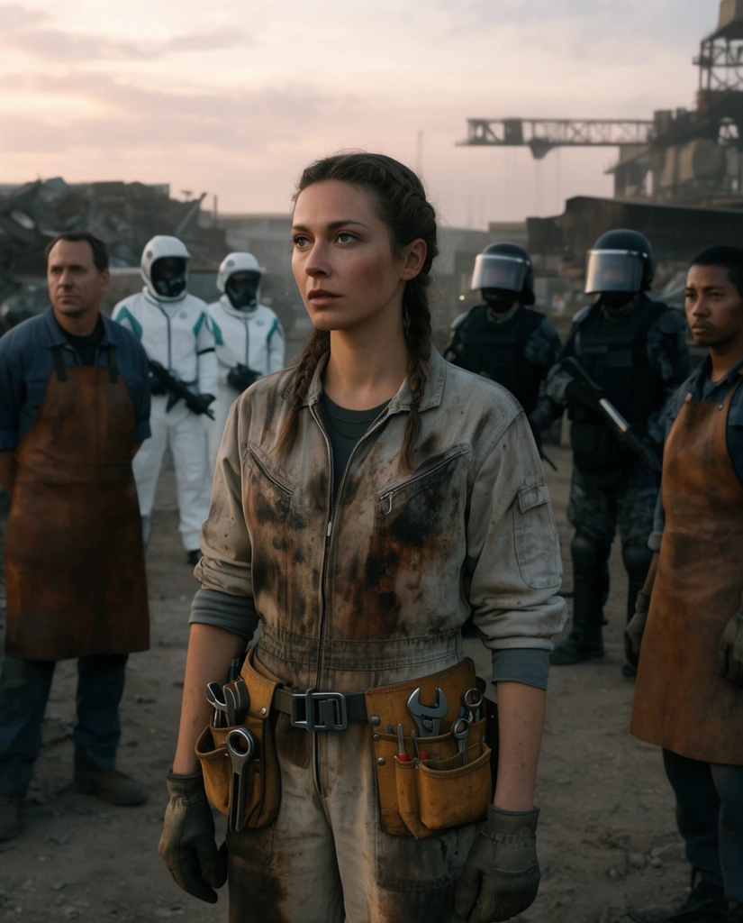 central female mechanic with braided hair, scorched jumpsuit, tool belt, looking off-camera, dusty industrial scrapyard, flanked by workers in leather aprons, agents in white suits, guards in riot gear, soft dusk lighting, medium-wide cinematic shot