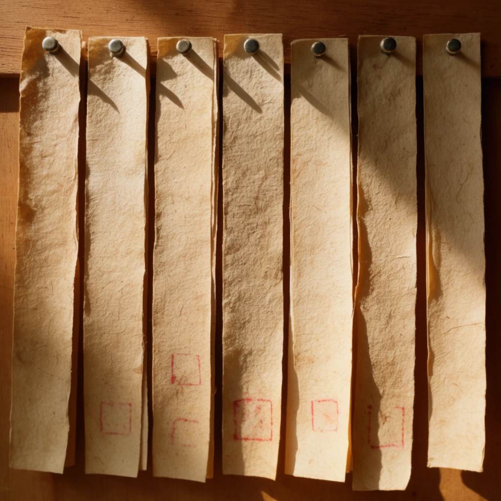Seven narrow, rectangular strips of textured, tan-colored paper hang vertically side-by-side against a medium-brown wooden board. Small, round metal tacks secure the top center of each strip to the wood. The coarse, fibrous paper resembles aged parchment, exhibiting slight curling along the edges and overlapping slightly. Several strips feature faint, square red ink markings near their lower ends. Warm, high-contrast sunlight strikes from the upper left, casting sharp diagonal shadows from the metal tacks and the top edges of the paper onto the adjacent strips and the wooden background. The tight, eye-level framing focuses entirely on the sequence of hanging papers, emphasizing the interplay of organic textures, earthy beige and brown tones, and crisp directional lighting.