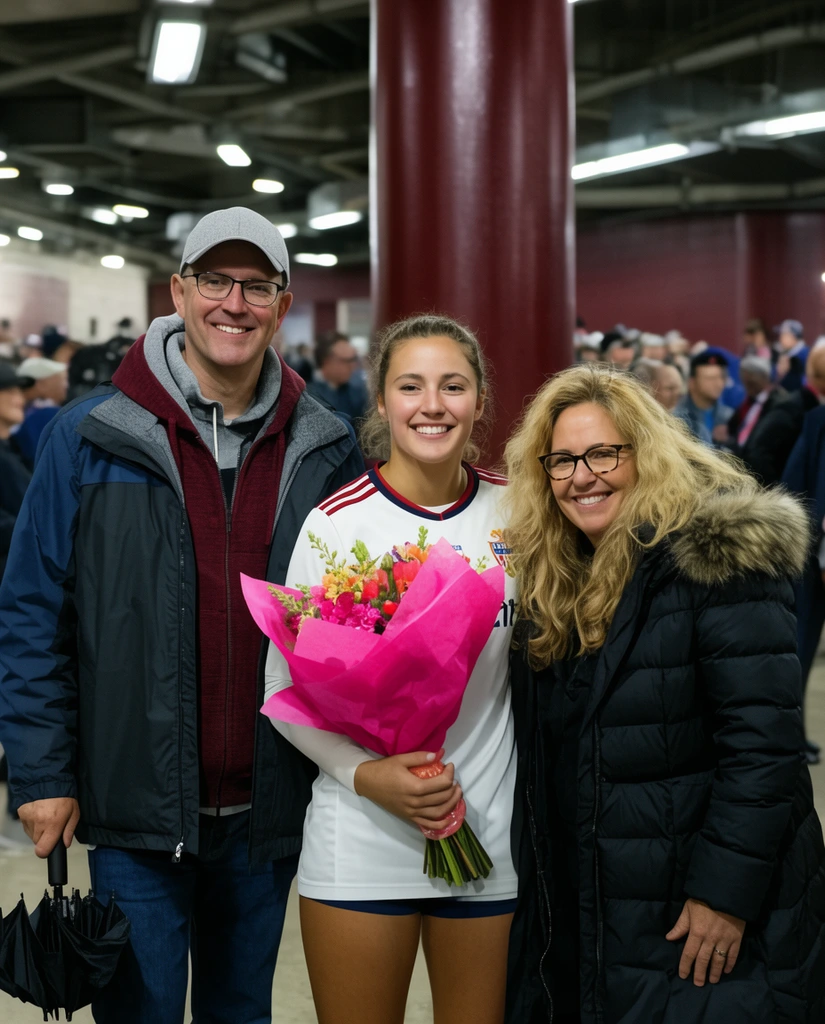 Three people smile warmly together in a stadium concourse beneath bright overhead fixtures. A young woman in a white athletic jersey stands centrally, holding a flower bouquet wrapped in bright pink paper. She is flanked by a man wearing a grey cap, glasses, and a layered jacket holding a black umbrella, and a woman with wavy blonde hair, glasses, and a black fur-trimmed puffy coat. A large dark red cylindrical pillar and blurred crowds gather in the background of this candid photograph.