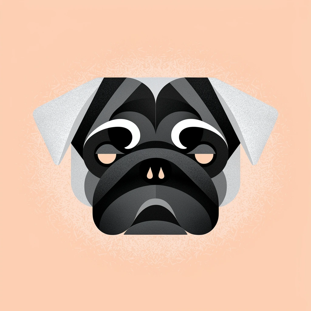A stylized, geometric illustration of a pug face centered on a solid light peach background. The symmetrical visage is constructed from interlocking curves and sweeping arcs in shades of black, charcoal, gray, and white. A dark facial mask surrounds small semi-circular peach eyes, topped by prominent white crescent-shaped eyebrow markings. The stylized black nose features teardrop highlights above layered jowls. Floppy, triangular ears frame the head, rendered in light gray with a grainy stippling texture. The minimalist background includes a subtle halo of scratchy, pale stippling radiating behind the head. The modern vector-art aesthetic combines flat, hard-edged geometric layering with subtle digital noise to create a highly graphic, balanced composition.