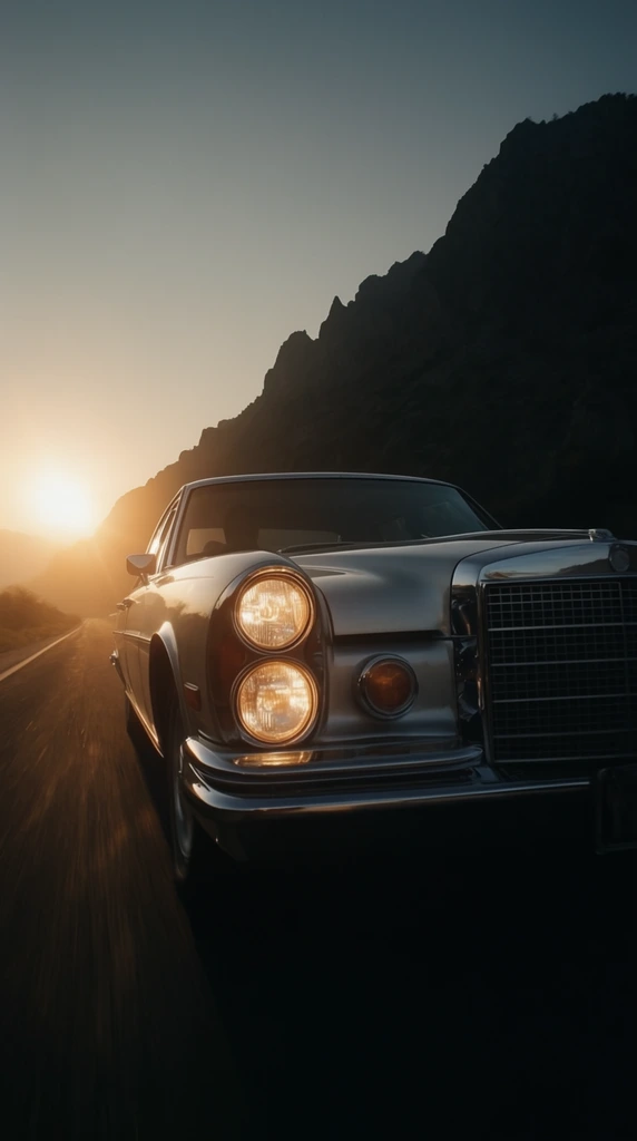 A classic silver vintage luxury sedan speeds along a dark highway at sunrise, captured from a dramatic low, front-facing tracking angle. The car features prominent stacked dual round headlights emitting a warm amber glow alongside a large rectangular chrome grille. Motion blur streaks the dark asphalt below, emphasizing forceful forward momentum. A brilliantly glowing sun sits low on the left horizon, casting a striking golden flare across the scene. On the right side of the road, a massive, jagged mountain silhouette dominates the background in deep shadow. The cinematic composition juxtaposes the moody darkness of the rugged hillside with the luminous dawn sky, creating an intensely atmospheric automotive portrait.