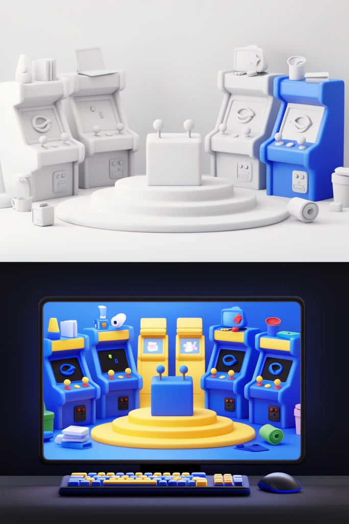 A split-screen 3D scene transitions from an untextured white clay model to a vibrant blue and yellow render. It features tiered podiums, a lever console, and arcade cabinets with tech accessories, positioned above a dark digital workspace displaying the same colorful room.