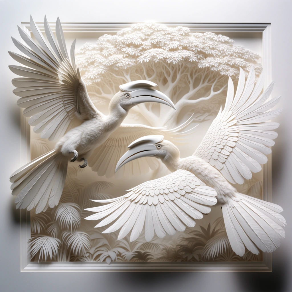 Intricate white paper sculpture of two flying hornbills, 3D relief art, monochromatic pristine white tones, highly detailed layered feather textures, spread wings, prominent curved beaks, recessed rectangular framed tropical forest backdrop, large canopy tree, palm leaves, soft diffused lighting, crisp cast shadows, meticulous paper cutting technique