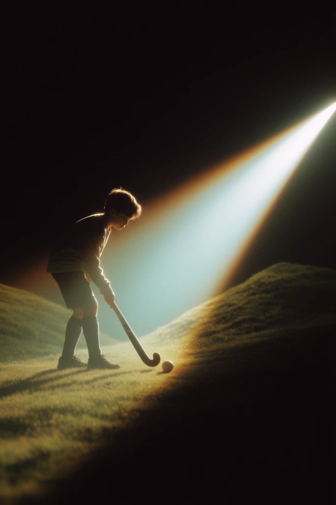 A dramatically lit boy positioned on the left holds a field hockey stick aimed at a ball on a field with hills, revealed entirely by a single, sharp diagonal beam of volumetric light piercing a pitch-black void. The boy stands with his hands gripping the stick, its curved head hovering adjacent to the spherical ball resting on the ground. A stark, narrow shaft of intense white light with a subtle cyan tint cuts across the completely dark frame, illuminating a precise slice of the boy's figure, the equipment, and the textured grass of the rolling hills. The surrounding environment exists in absolute, heavy shadow, creating an extreme high-contrast chiaroscuro effect. A warm amber glow edges the transition between the brilliant light ray and the deep black background. The cinematic composition features a soft filmic grain and a hazy, glowing atmospheric density within the light beam itself, isolating the brightly illuminated subjects against the solid, dark expanse.