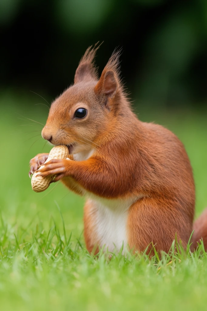 Red squirrel in profile view, sitting upright on vibrant green grass, holding an unpeeled peanut in its front paws, nibbling on the peanut, bright black eye, reddish-brown fur on the back and head, white fur on the belly and chest, tufted ears, long whiskers, blurred dark green background, shallow depth of field, sharp focus on the squirrel and peanut, soft natural lighting, outdoor setting, wildlife photography, detailed fur texture