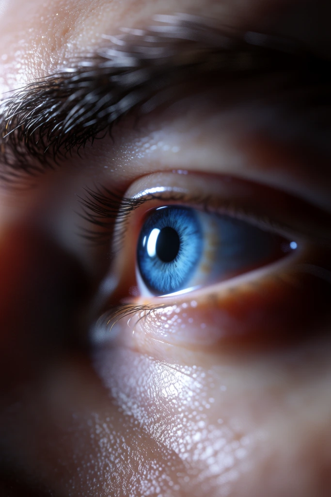 extreme macro close-up of a vivid blue eye looking left, sharp focus on the textured iris and dark eyelashes, glowing white rim light tracing the eyelid edges, softly blurred thick dark eyebrow above, highly detailed skin texture with visible pores and fine hairs, specular highlights on moist skin, dramatic contrast between deep shadows and bright illumination, cool blue tones in shadows against warm peachy skin highlights, extreme shallow depth of field, hyper-realistic digital rendering