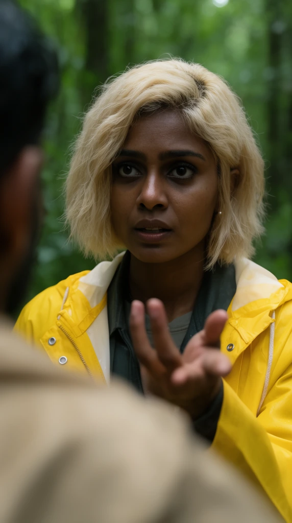 South Asian woman with short blonde hair, intense expression, bright yellow raincoat, over-the-shoulder perspective, blurry gesturing figure in foreground, out-of-focus lush green forest background, shallow depth of field, cinematic lighting