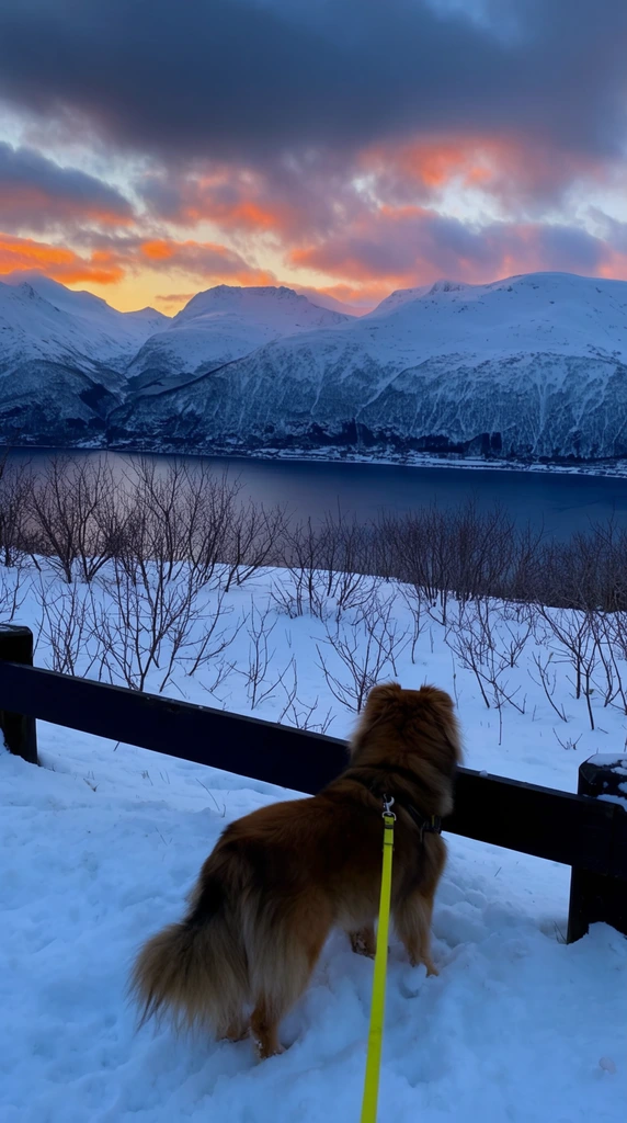 fluffy brown dog standing in snow facing away, bright yellow leash attached to a harness, looking over a dark wooden fence, bare winter shrubs piercing white snow, calm deep blue fjord in the midground, towering snow-capped mountains spanning the horizon, dramatic twilight sky, heavy dark clouds underlit by fiery orange and soft pink sunlight, serene winter landscape photography, natural atmospheric lighting, high contrast between warm sky hues and cool blue shadows