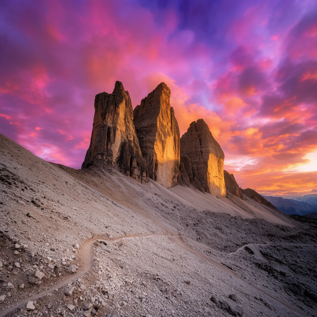 A towering, multi-peaked rock formation rises from a sweeping, scree-covered alpine slope beneath a dramatic sky ablaze with vibrant pink, purple, and orange sunset clouds. Golden light strikes the sheer cliff faces, casting deep shadows across the textured, barren foreground of pale loose rocks and a winding dirt trail. This wide-angle landscape photograph captures majestic scale, vivid atmospheric colors, and sharp geological details.