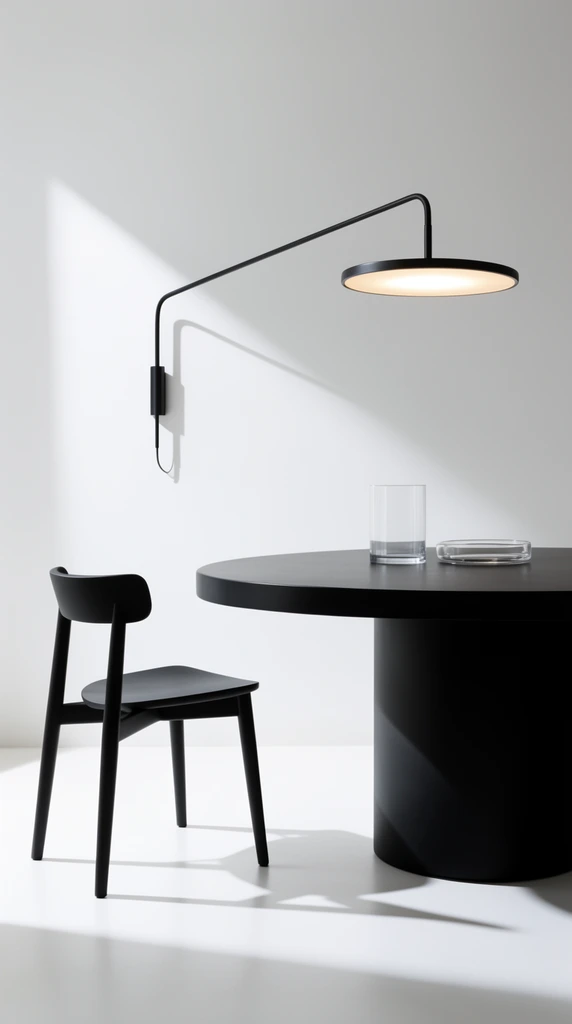 A minimalist matte black wooden dining chair sits beside a thick-topped black pedestal table in a stark white room. A clear cylindrical glass vase and a shallow glass dish rest on the smooth surface. Above, a slender black wall-mounted swing-arm lamp with a flat circular shade glows warmly. Crisp directional lighting casts sharp geometric shadows from the sleek furniture onto the pristine white floor and walls, emphasizing a high-contrast monochromatic palette and precise architectural lines.