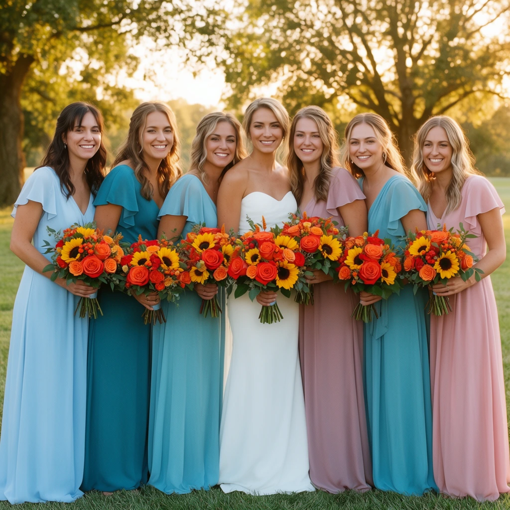Seven smiling women stand closely together on a grassy lawn illuminated by soft golden hour sunlight filtering through large background trees. A central bride in a white strapless gown is flanked by six bridesmaids wearing floor-length dresses with ruffled sleeves in shades of light blue, teal, and dusty rose. Every woman holds a vibrant bouquet of bright orange, red, and yellow roses and sunflowers mixed with lush greenery and exposed stems. The natural-light portrait photography uses a shallow depth of field and warm backlighting to emphasize the vivid floral arrangements contrasting sharply against the cool-toned dresses.