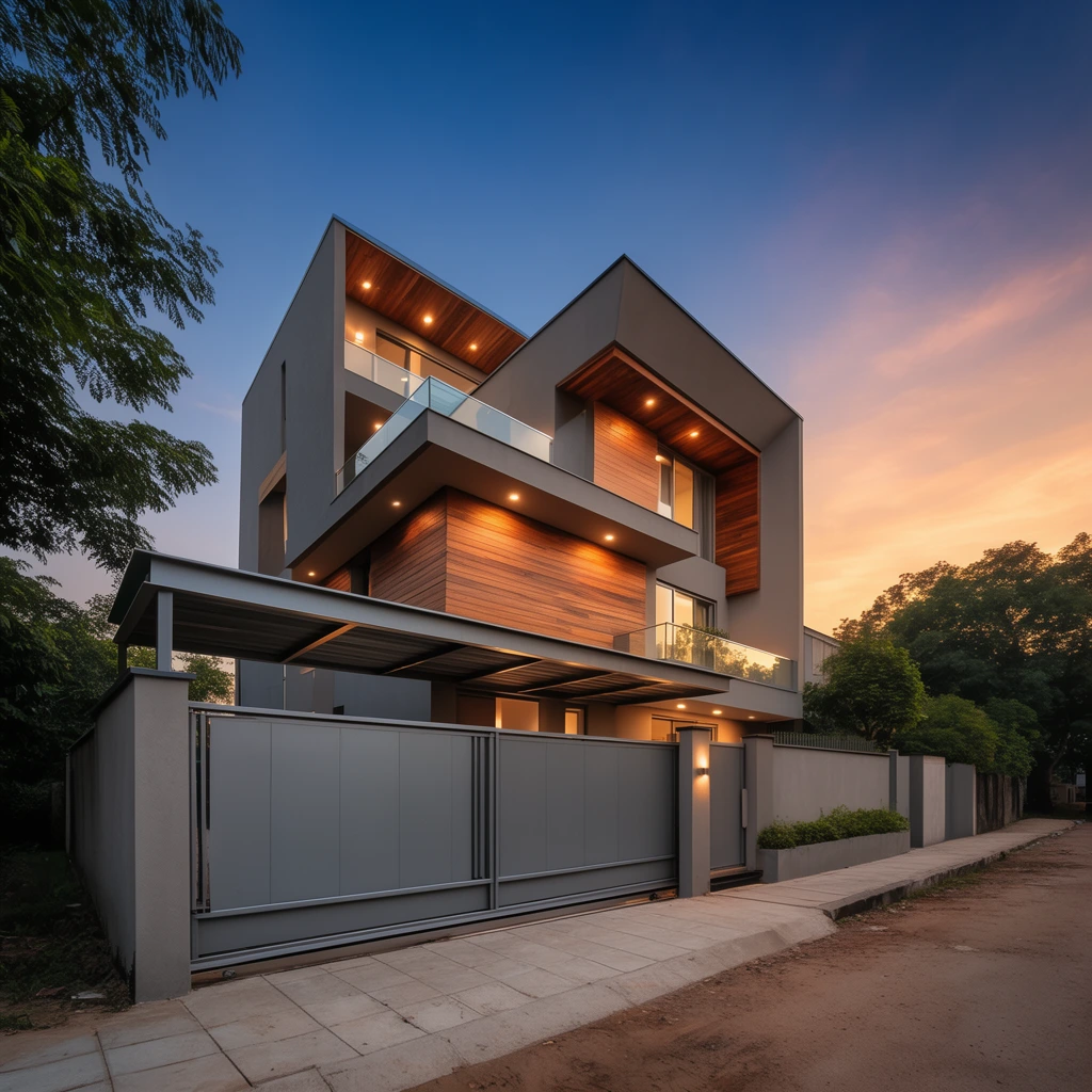 A modern multi-story house at twilight featuring sharp geometric forms, smooth grey facades, and warm horizontal wood cladding. A large sliding grey metal gate under a flat structural canopy spans the foreground boundary wall. Warm artificial downlights illuminate deep eaves and glass-railed balconies. The property is bordered by a paved concrete sidewalk, a dirt road, and lush trees. The sky transitions from soft sunset orange to deep blue, captured in a wide-angle architectural style with rich high dynamic range lighting.