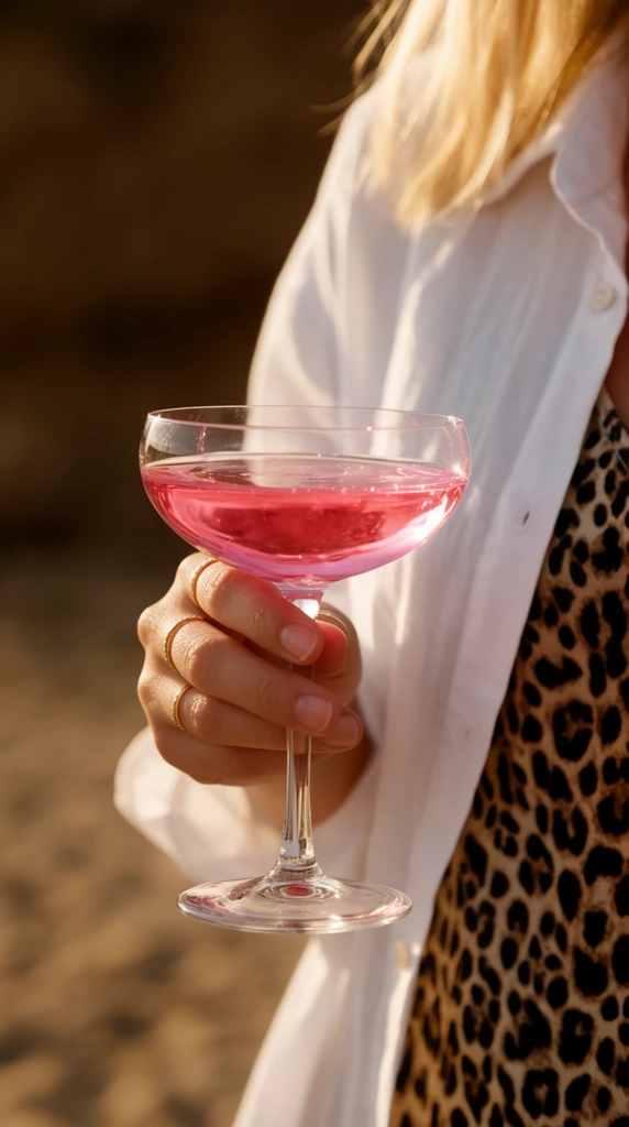 A hand gently holds a delicate coupe glass filled with vibrant pink liquid, glowing under warm golden hour sunlight. The person wears a crisp, unbuttoned white long-sleeved shirt layered over a bold leopard print garment, with strands of blonde hair visible near the upper edge. Thin gold rings adorn the fingers gripping the slender glass stem. Crisp highlights trace the rim of the crystal and the surface of the translucent pink beverage. The background is softly blurred into smooth, earthy brown and sandy tones, utilizing a shallow depth of field to isolate the elegantly styled summer moment. The lifestyle photography features rich, warm tones and high-contrast lighting.