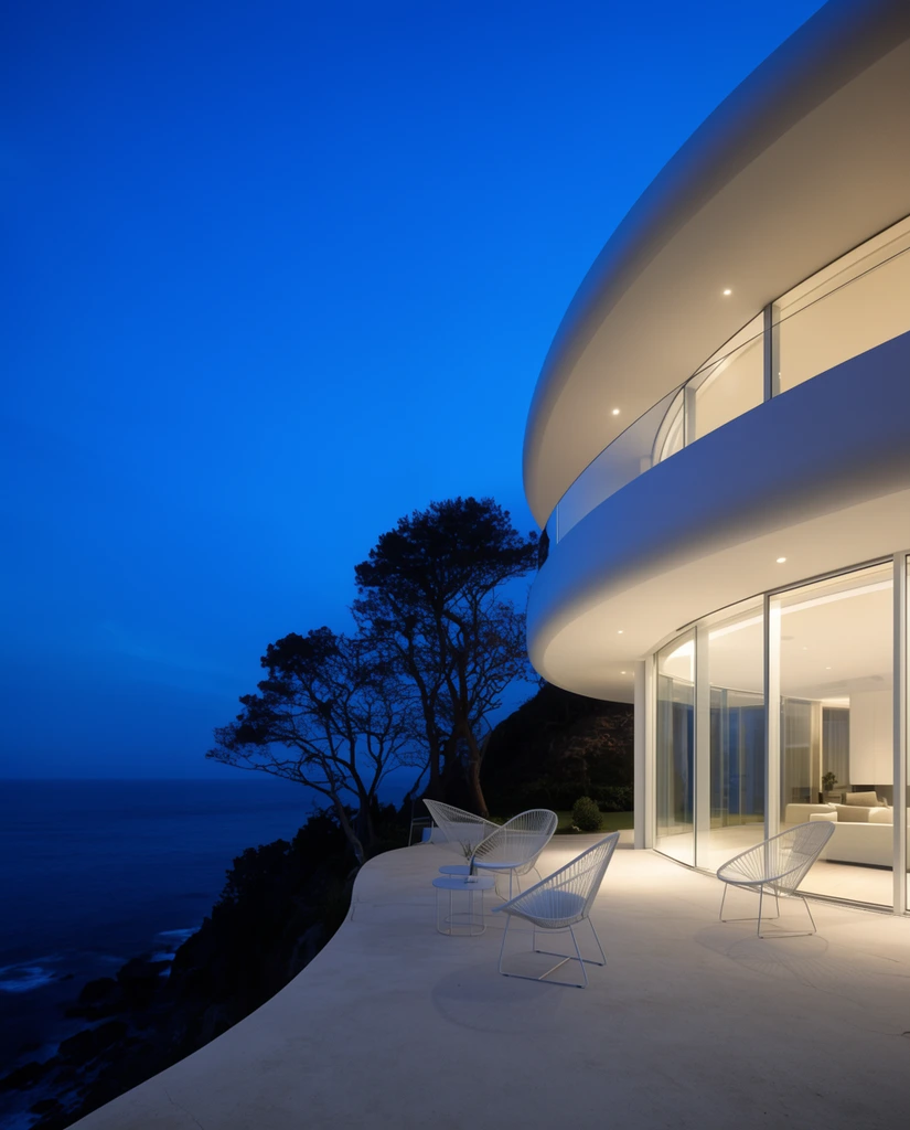 modern curved white cliffside house at twilight, illuminated outdoor patio, white wire chairs, floor-to-ceiling glass, dark ocean, deep blue sky, tree silhouettes, architectural photography