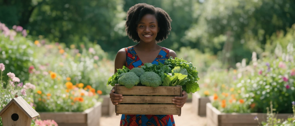 A smiling young Black woman with natural hair holds a wooden crate overflowing with fresh green broccoli and leafy vegetables. She wears a sleeveless dress featuring a vibrant blue, red, and orange geometric pattern. She stands on a dirt path in a brightly sunlit garden, flanked by out-of-focus raised planter beds with blooming flowers. A shallow depth of field creates a cinematic bokeh effect, blurring the dense green trees in the background and a small birdhouse in the soft foreground.