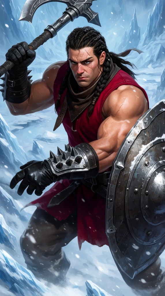 A muscular warrior with dark braided hair and a facial scar stands defensively in an icy wasteland, wielding a massive battleaxe and a heavy iron shield. He wears a crimson sleeveless tunic, spiked iron bracers, black leather gauntlets, and a leather bandana. Swirling snow and jagged ice formations surround him under harsh, cold lighting. The high-fantasy digital illustration highlights his robust anatomy and the metallic textures of his armor, contrasting the vibrant red clothing against the chilling blue environment.