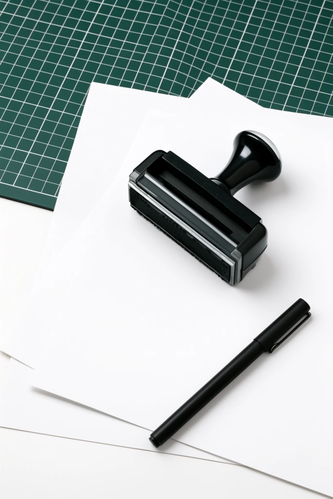 overhead flat-lay view of a minimalist workspace, heavy black self-inking rubber stamp with a glossy contoured handle resting on two staggered sheets of pristine white paper, sleek black fine-liner pen with a metal pocket clip angled diagonally at the lower right, dark green cutting mat with a precise white grid pattern occupying the upper left corner, stark white desk surface, bright diffused studio lighting creating soft drop shadows, high-contrast monochrome and green color palette, sharp focus, clean orderly composition