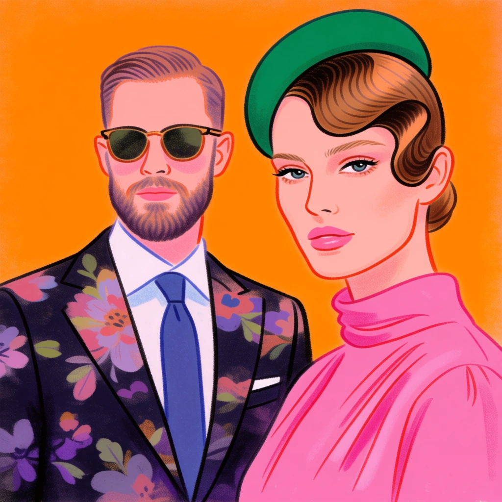 stylish fashion couple portrait, pastel illustration, bold vibrant chic vibe