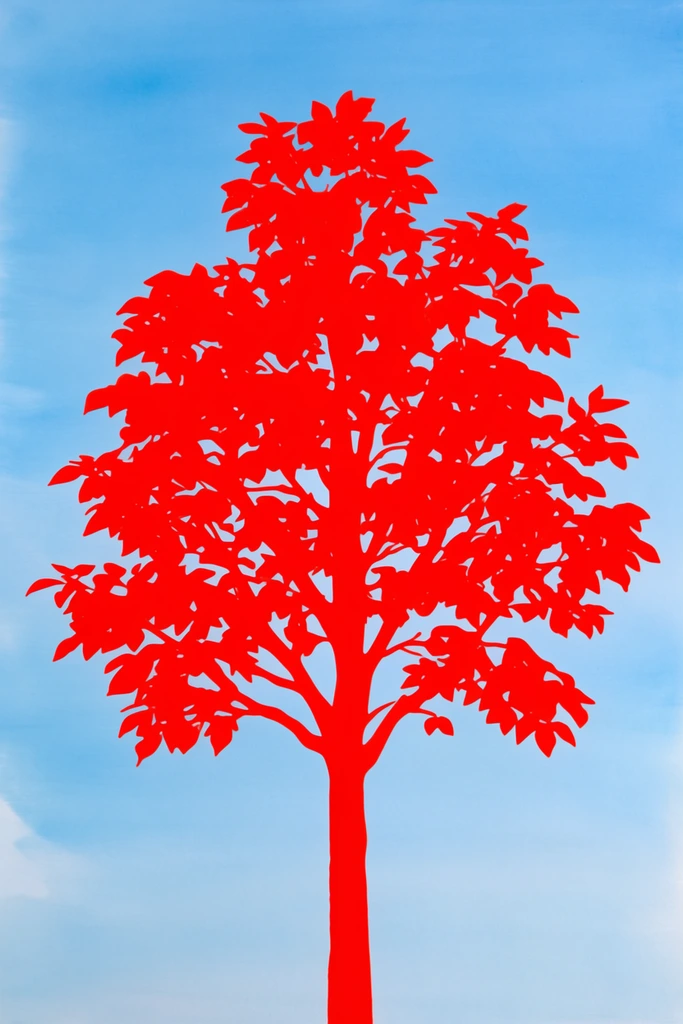A vivid, flat cadmium red silhouette of a stylized tree with leaves stands prominently against a smooth, plain cerulean blue background. The central tree features a solid trunk, extending branches, and a dense canopy composed of distinctly articulated leaves, all rendered as a uniform, solid flood of intense neon red color. The precise, razor-sharp outlines of the foliage and wood create a stark, graphic stencil aesthetic. Behind the monochromatic tree, the plain background consists of a continuous, softly blended gradient of light atmospheric blue and pale white hues, featuring the subtle, smooth texture of an acrylic paint wash. The solid pop-art color blocking of the flat red foreground subject establishes a striking, high-contrast visual presence against the minimal, brightly lit painted background.