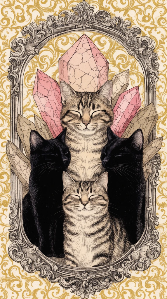 four stylized cats clustered inside an ornate sculpted frame, top and bottom tabbies with closed eyes, two flanking black cats, large cracked pink and beige crystals emerging behind the felines, gold damask patterned background, detailed vintage ink drawing, mystical symmetrical composition