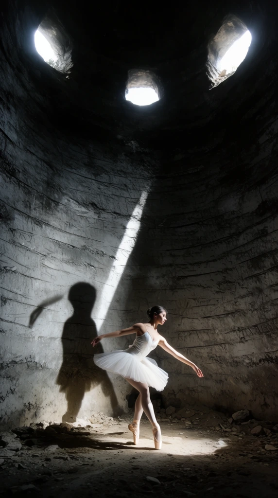 A classical ballerina strikes a graceful pose on pointe inside a massive, dimly lit cylindrical stone structure. She wears a crisp white tutu contrasting sharply with the rugged environment. A dramatic beam of light illuminates her, casting a stark, towering shadow against the rough, horizontally scored gray wall behind her. The immense space stretches upward into heavy darkness, interrupted by three intensely bright apertures near the ceiling. The dancer stands on an uneven floor of compacted dirt and rubble. The wide-angle composition emphasizes the immense scale and textured surfaces of the deep enclosure against the delicate subject, utilizing high-contrast chiaroscuro lighting.