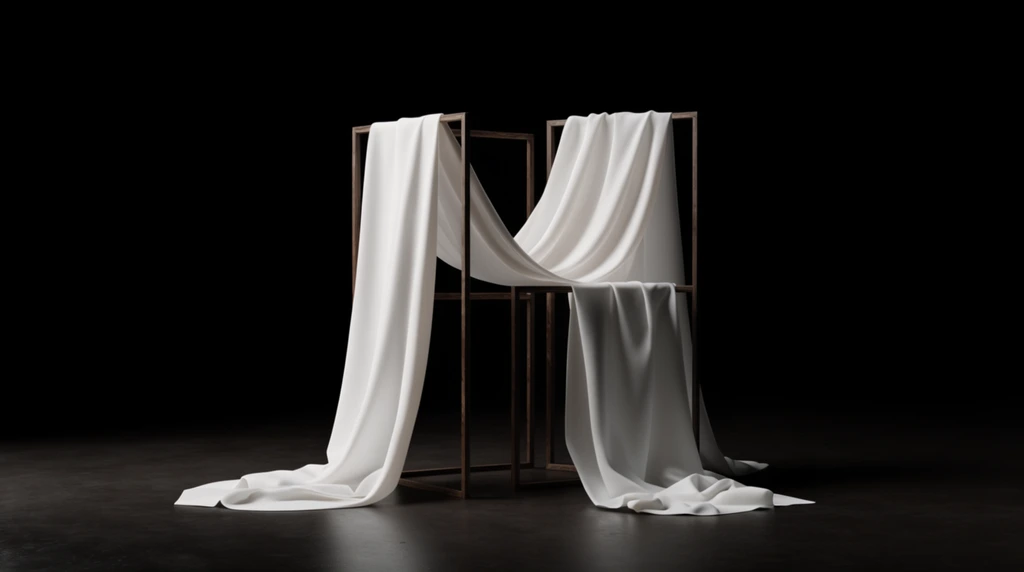 bright white fabric elegantly draped over interlocking thin dark wooden frames, cloth pooling softly on a dark floor, minimalist still life, pitch black background, high contrast chiaroscuro lighting, smooth matte textile folds, rigid geometric structures contrasting with flowing drapery, moody atmospheric 3D rendering