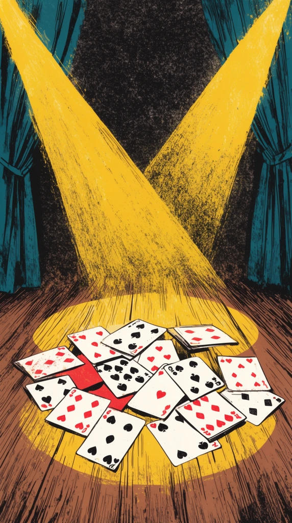 scattered playing cards on a wooden stage floor, two intersecting bright yellow spotlight beams angling from top corners, dark background with heavy stippled texture, teal curtains framing the edges, glowing elliptical pool of light on wood grain, retro editorial illustration style, high contrast, gritty distressed textures, bold black linework