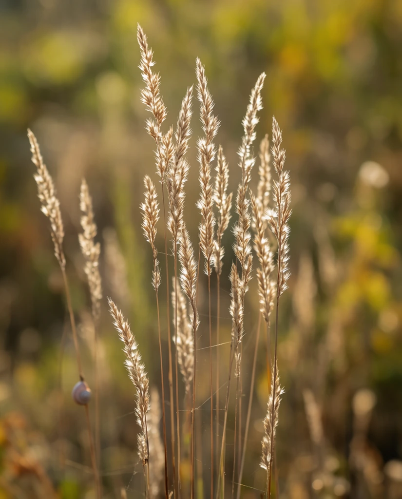 Backlit dry wild grass seed heads stand vertically in a meadow during golden hour. The macro composition focuses tightly on the slender stalks in the center, capturing delicate, feathery textures and tiny bristle-like awns glowing brightly with silvery rim light. Fine spiderweb strands connect a few of the lower stems, while a tiny, blurred snail shell clings to a stalk on the left. The background is a smooth, shallow depth-of-field bokeh composed of mottled warm greens, golden yellows, and earthy browns. The luminous backlighting creates a crisp silhouette effect, isolating the sharply focused, golden-tan seed clusters against the heavily blurred, atmospheric environment.