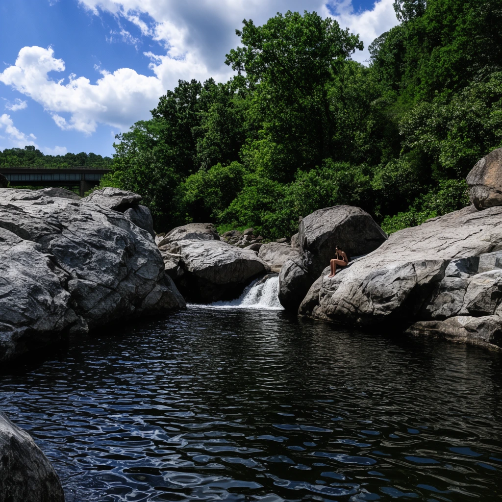 natural swimming hole, dark rippling water, large textured grey boulders, small cascading waterfall, tiny figure sitting on rock ledge, dense green forest backdrop, distant bridge, blue sky with white clouds, high contrast outdoor photography