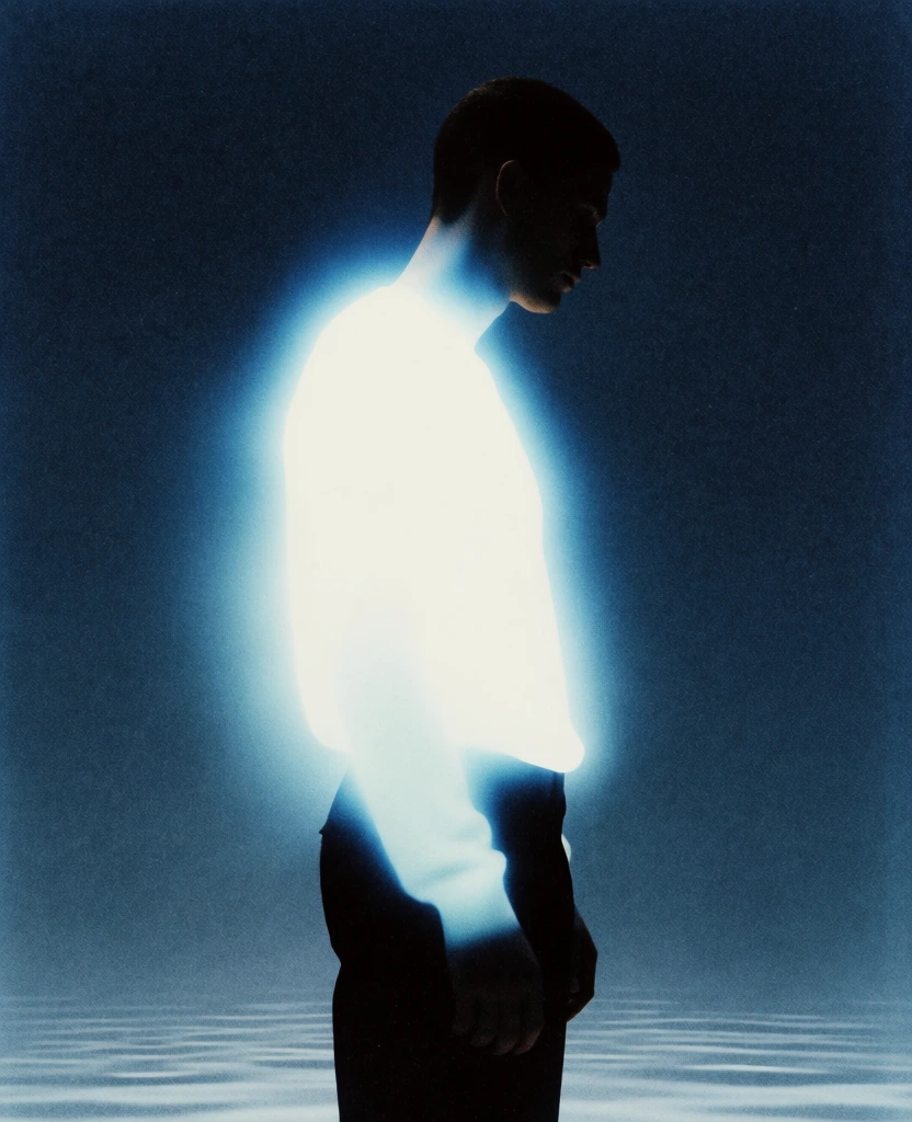 A profile silhouette of a person whose torso emanates a brilliant, hazy white and blue glow stands against a dark, textured blue background. The subject is a man captured in a side profile, facing toward the right side of the frame with his head tilted slightly downward. His head, neck, and lower body are rendered as dark, featureless silhouettes, while his upper body is obscured by an intense, overexposed white light that radiates a soft, cyan-blue aura, blurring his physical edges. He wears dark trousers that blend into the shadows at the bottom of the image. The background is a vast, dark navy blue field filled with heavy grain and noise, reminiscent of a night sky or deep water. At the very bottom, faint, horizontal, light-blue ripples suggest a water surface or low-lying mist. The image utilizes a lo-fi, experimental aesthetic with high contrast and a soft-focus effect. The lighting is dominated by the subject's internal glow, which bleeds into the surrounding environment. The color palette is minimal, consisting of deep blues, cyan, brilliant white, and black. The overall texture is gritty and speckled, creating an analog film-inspired look with a medium shot composition from a side angle.
