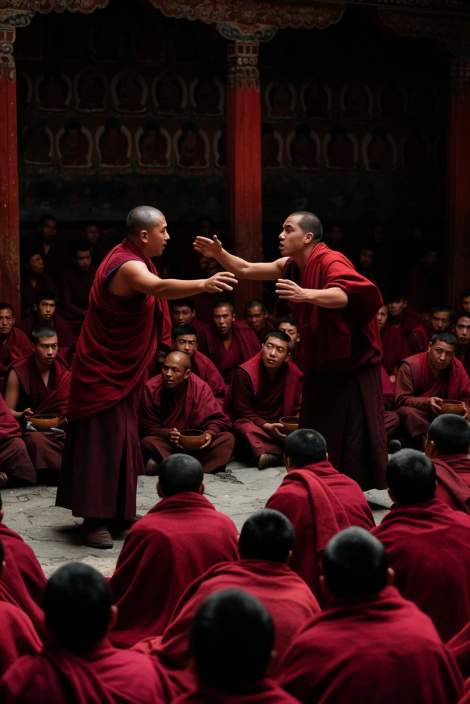 A dynamic assembly of monks in deep maroon robes gathers inside a dimly lit temple courtyard. Two standing monks engage in energetic debate, extending arms amidst dozens of seated onlookers holding wooden bowls. Dramatic overhead lighting highlights their shaved heads. The dark background reveals rows of painted figures seated in arched niches beside red wooden pillars. The high-contrast documentary photograph emphasizes a rich crimson palette against deep black shadows.