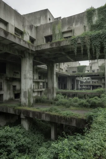 Reclaimed Brutalist Dystopia style reference image — overgrown concrete