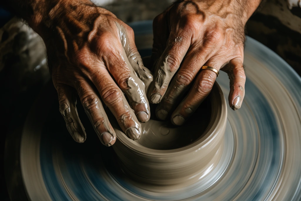 weathered hands shaping wet clay on a spinning pottery wheel, fingers slick with glossy mud pressing into a thick cylindrical vessel, prominent veins, thin gold ring, high contrast lighting highlighting the wet texture, rapidly blurred wheel head with grey and blue motion blur, sharp focus on hands, cinematic macro photography, deep shadows, earthy tones