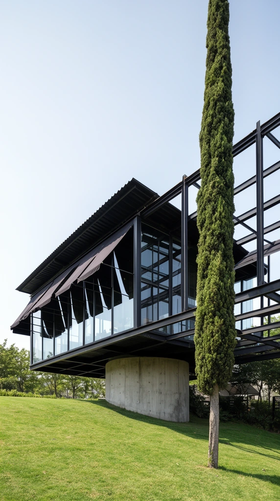 A modern cantilevered pavilion featuring a black metal framework and floor-to-ceiling glass extends horizontally over a sloped green lawn, supported by a thick, curved raw concrete pillar. Dark fabric awnings shade the transparent facade beneath a corrugated roof. The building transitions into an open skeletal frame on the right, where a towering, slender cypress tree rises vertically through the structure. The scene is captured from a low angle in bright daylight against a clear pale blue sky, emphasizing the stark industrial geometry and dramatic overhang.