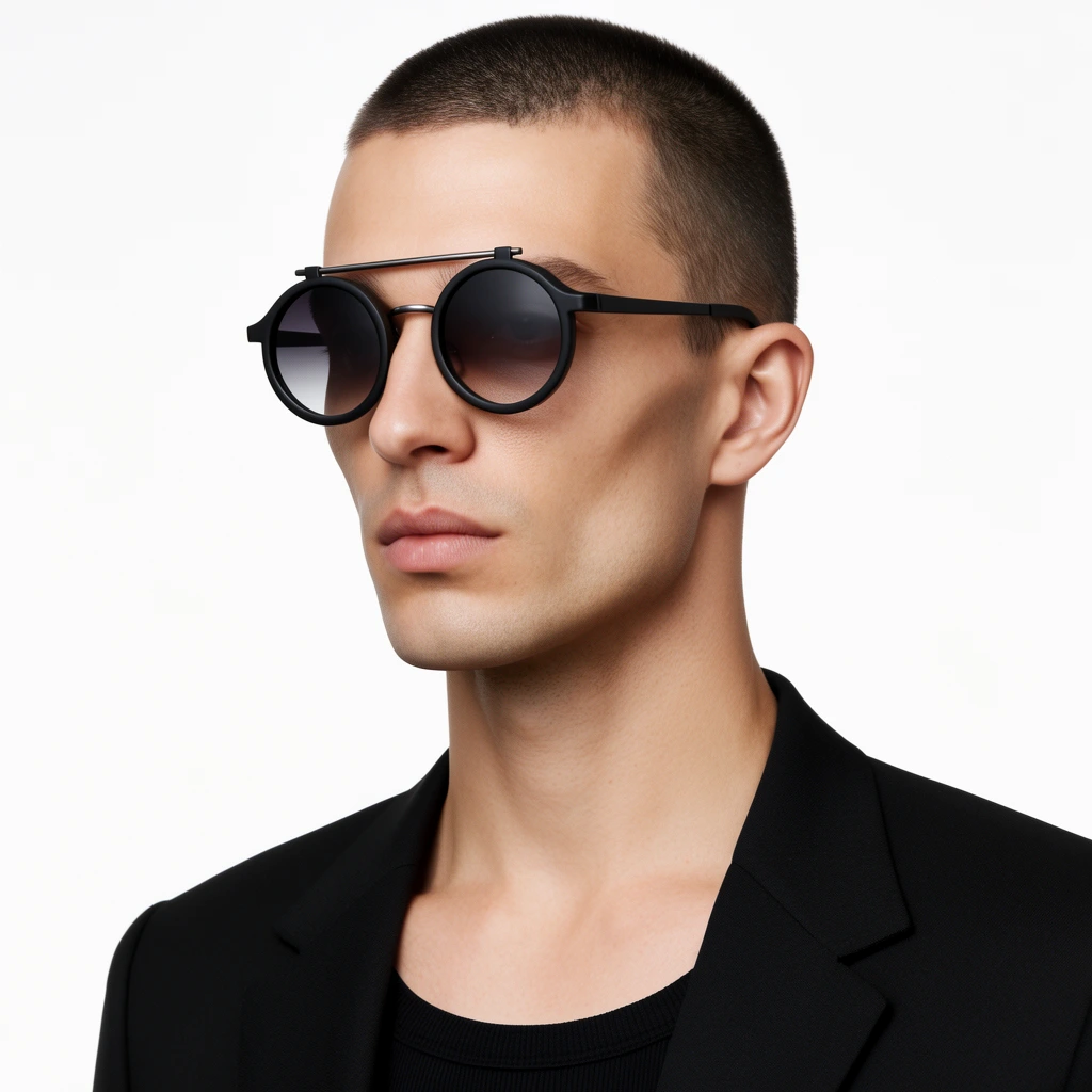A close-up studio portrait of a man with a buzz cut and angular jawline wearing distinctive round black sunglasses with gradient lenses and a straight metal brow bar. He gazes off-camera with a neutral expression, dressed in a structured black blazer over a black ribbed scoop-neck shirt. Set against a pure white seamless background, the crisp composition uses soft, even lighting to highlight his skin texture and the matte finish of the eyewear in a high-end fashion editorial style.