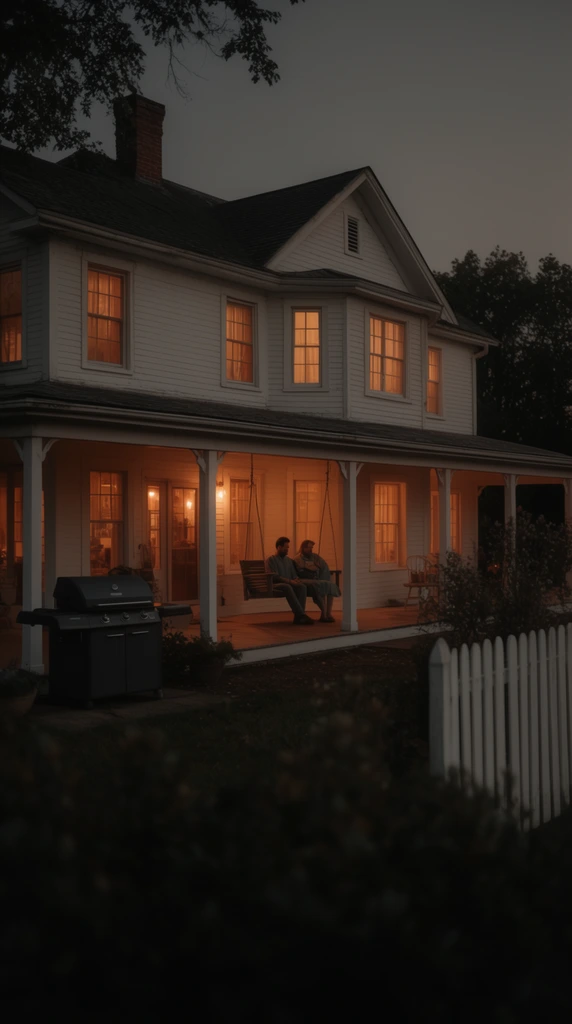 large white two-story farmhouse at dusk, expansive wraparound porch, two figures relaxing on a hanging porch swing, warm orange light glowing through paneled windows, dark charcoal grill on the left, white picket fence on the lower right, deep out-of-focus dark foliage in the immediate foreground, cinematic wide shot, low-key twilight lighting, moody Americana atmosphere, contrast between warm interior illumination and dim exterior