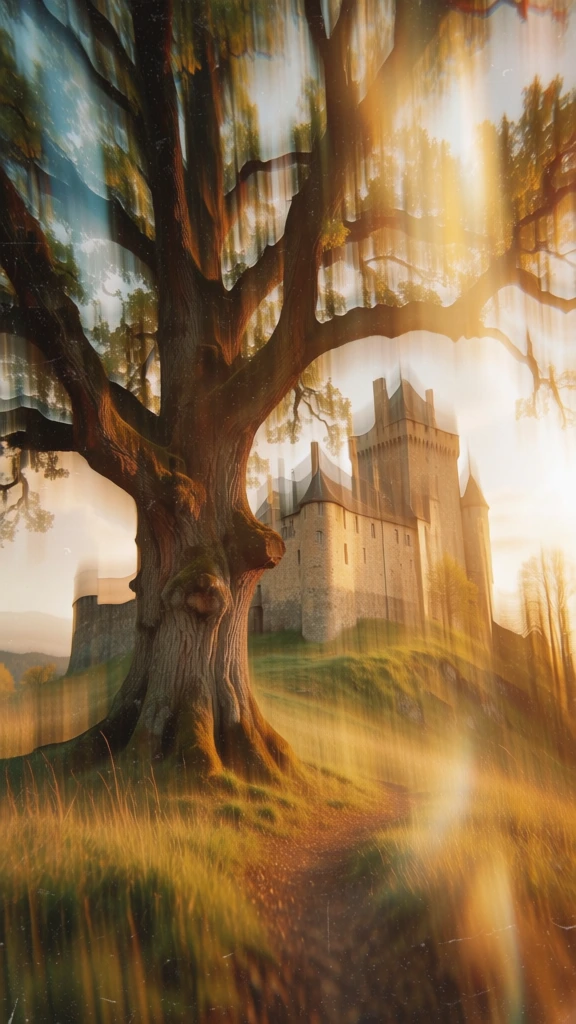 ethereal long exposure photograph of a massive oak tree and a stone castle on a hill, captured with heavy vertical motion blur and light streaks, bathed in warm golden amber light, grainy film texture, hazy dreamlike atmosphere, impressionistic and painterly, soft focus with ethereal lens flares, dramatic light beams cutting through the scene, sepia and ochre color palette, dynamic kinetic energy, cinematic and evocative lighting, nostalgic film aesthetic.