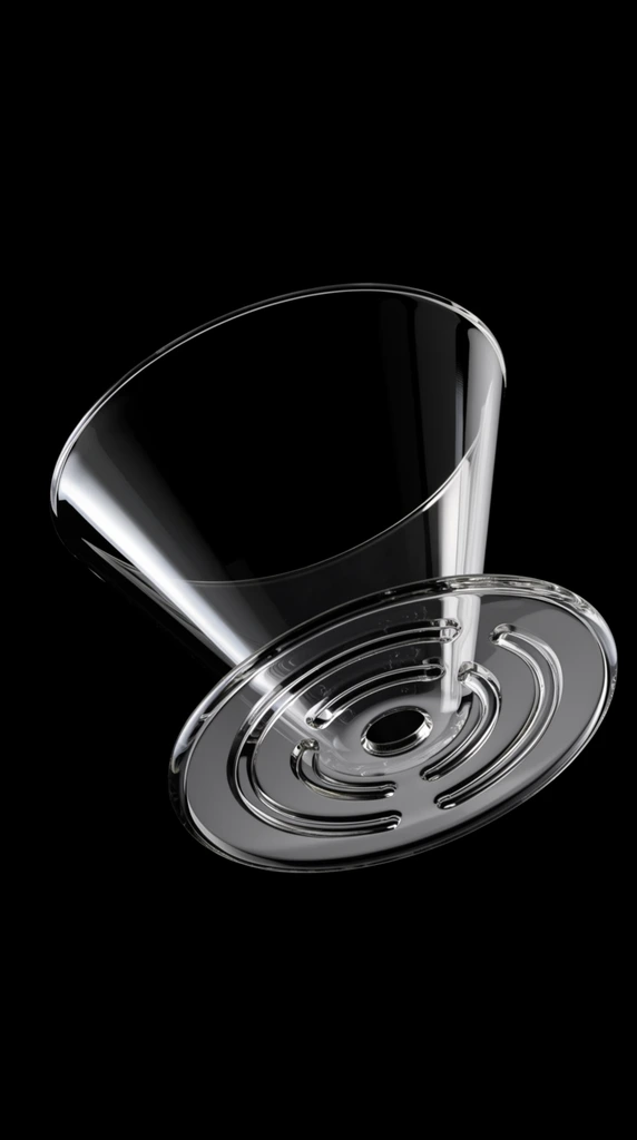 A transparent, conical pour-over coffee dripper floats at a tilted low angle against a pitch-black background. The sleek, glassy object features a wide rim tapering to a flat circular base equipped with a central circular hole and three concentric, curved drainage slots. Dramatic, high-contrast studio photography casts sharp, brilliant white specular highlights along the curved exterior, emphasizing the pristine glossy material and flawless transparency. Crisp internal refractions and deep shadows highlight the geometric purity of the minimalist design.