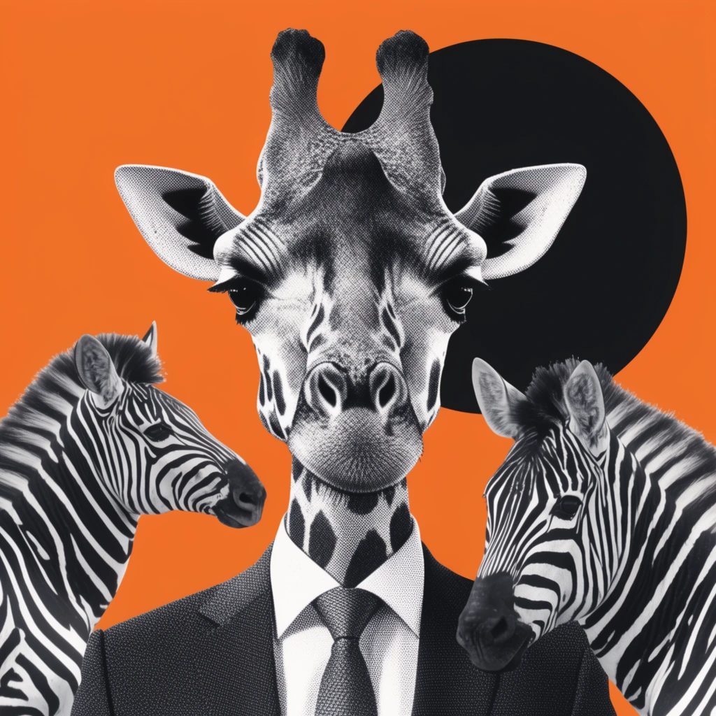 anthropomorphic giraffe wearing a dark business suit and tie, high-contrast black and white halftone dot pattern, flanked by two zebras, solid vibrant orange background, large solid black circle behind the right side of the head, pop-art collage aesthetic, graphic screen-print style, surreal wildlife portrait