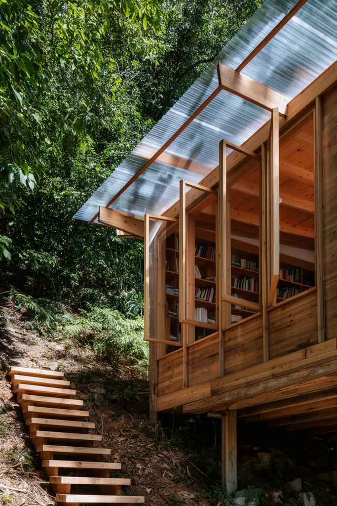 modern wooden cabin on a forested hillside, translucent corrugated roof overhang, open timber framed windows revealing interior bookshelves, wooden staircase climbing a slope to the left, lush green foliage, dappled sunlight, architectural exterior photography