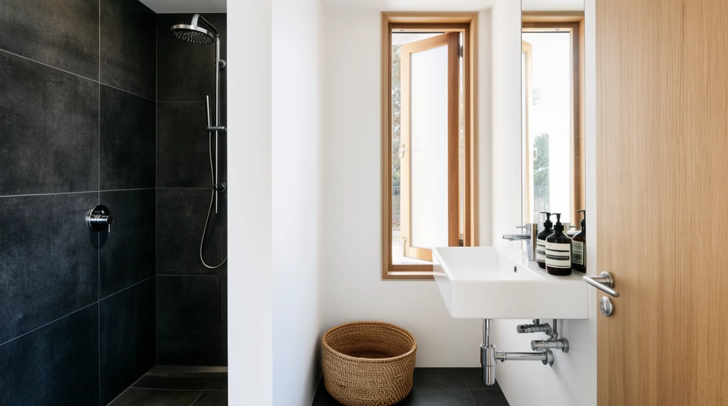 modern minimalist bathroom interior, dark charcoal large-format tiled walk-in shower, sleek chrome fixtures, stark white dividing wall, white rectangular floating ceramic sink, exposed chrome plumbing, dark amber pump bottles, tall narrow wood-framed window slightly open, round woven wicker basket on dark tiled floor, light oak door on right edge, natural daylight, architectural photography