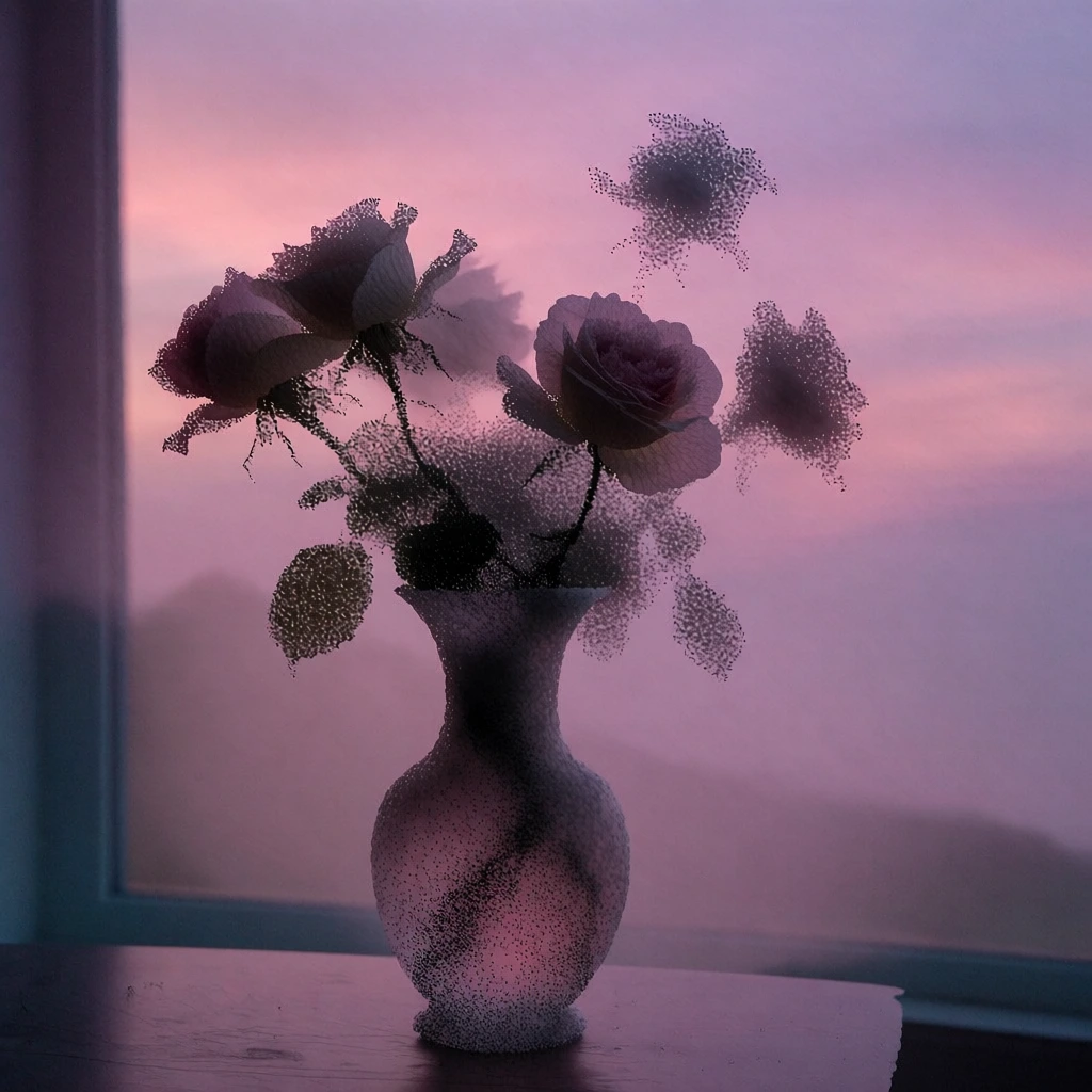 an elegant ceramic vase filled with roses on a wooden table beside a window, captured in a dreamy violet and soft pink twilight gradient, featuring a grainy pointillist texture like a murmuration, moody silhouettes of petals against the hazy dusk sky, ethereal impressionistic aesthetic, soft focus lighting, vertical composition, stippled digital noise, poetic atmosphere, muted pastel colors, minimalist still life, painterly fine art style, fine stippled details